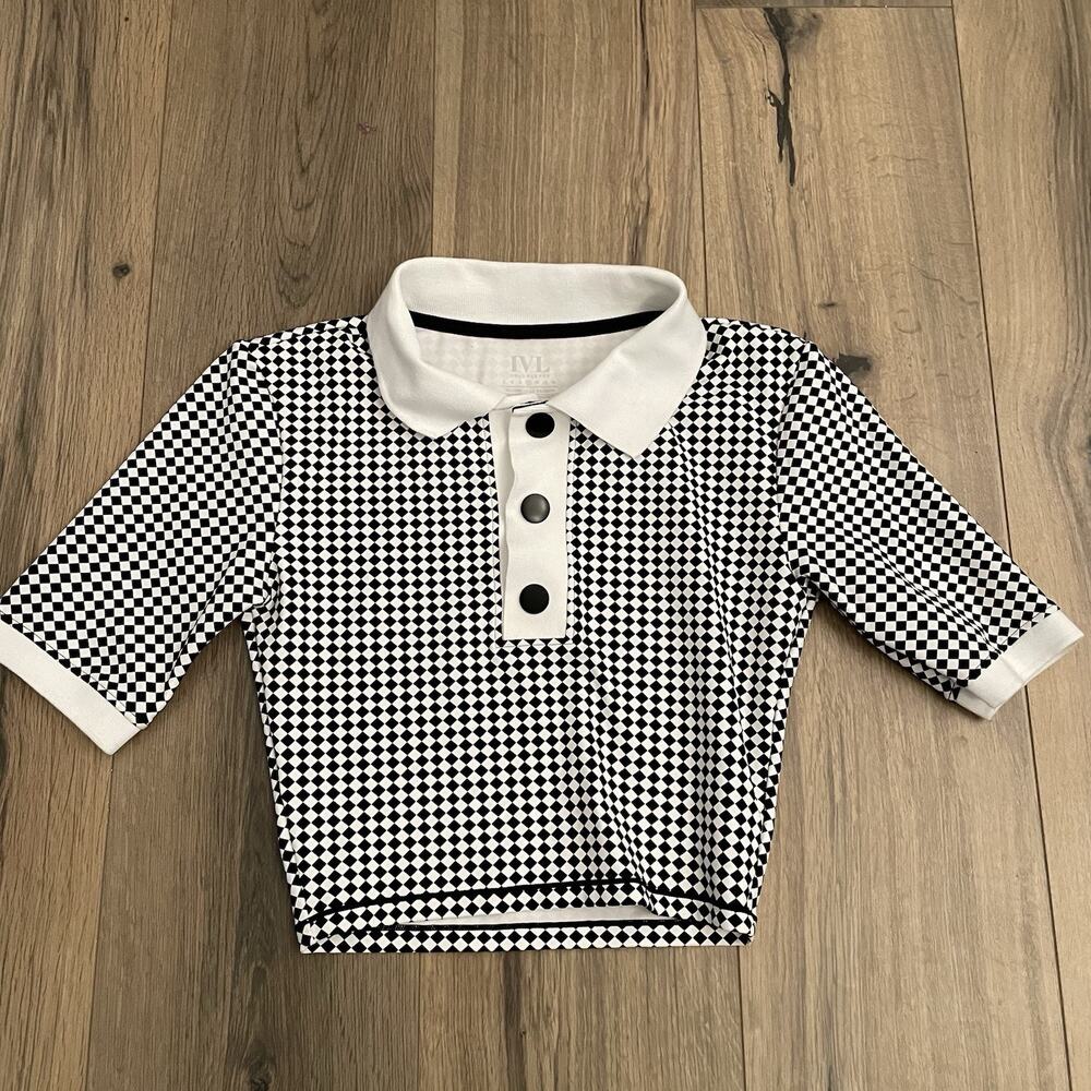 NEW IVL Cropped Collar Polo Sz 8 Black White Checkered Crop Top Golf Pickleball